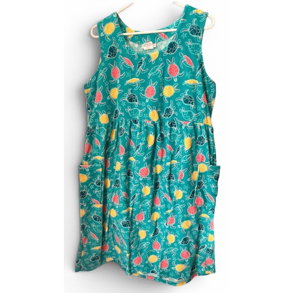 CW Classics Sea Turtle Print Sleeveless Pocket Dress Large Teal Beach Coastal - Picture 2 of 6